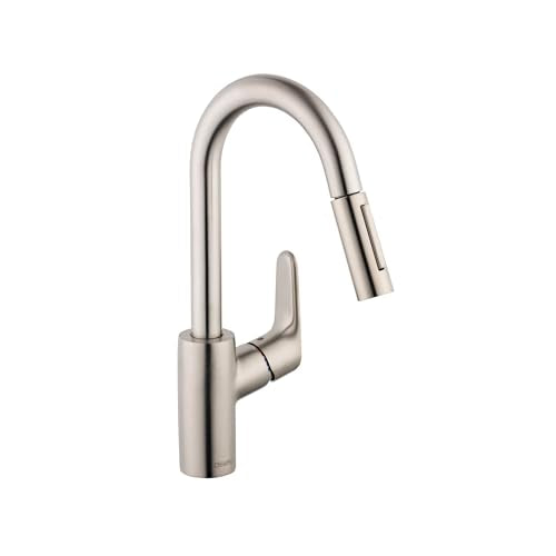Steel Optic pull-down kitchen faucet with curved spout and single lever handle.