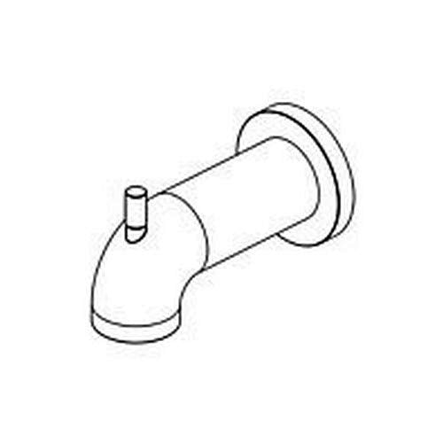 Chrome tub spout with angled outlet and pull-up diverter lever on side.