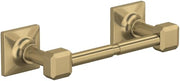 Antique gold toilet paper holder with cylindrical bar and square mounting plates on each end.