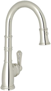 Polished nickel pull-down kitchen faucet with curved spout and single lever handle.