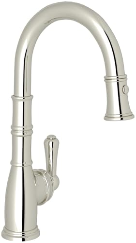 Polished nickel pull-down kitchen faucet with curved spout and single lever handle.