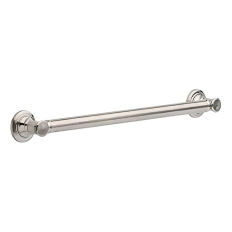 Stainless steel grab bar with decorative circular wall flanges at each end.