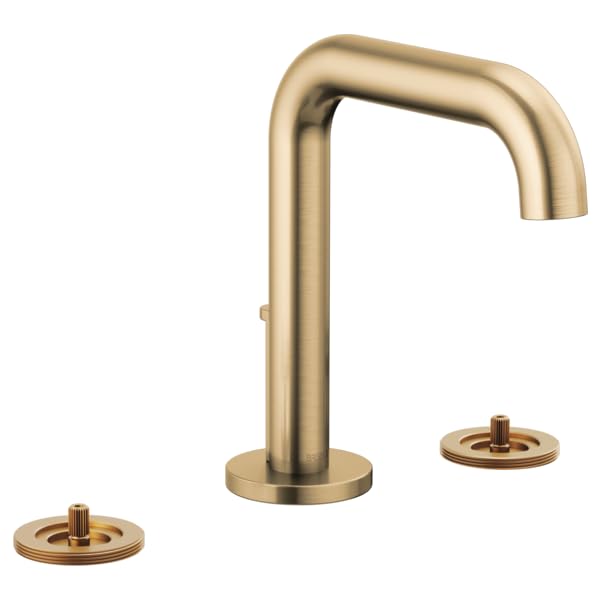 Brushed gold widespread lavatory faucet with high curved spout and two circular base handles.