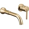 Chrome single-handle wall-mount bathroom faucet with curved spout and lever handle.