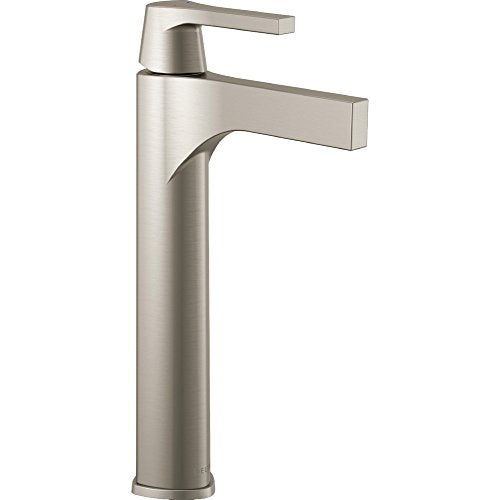 Brushed nickel single-handle vessel faucet with tall spout and lever handle.