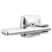 Chrome flush lever with rounded rectangular handle and mounting plate for toilet tank installation.