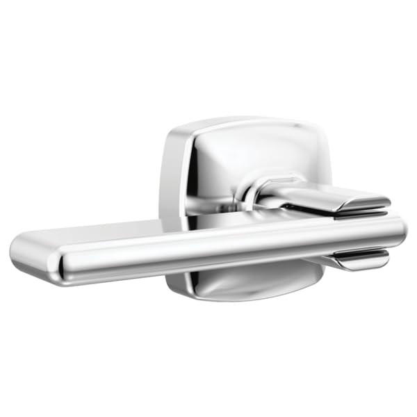 Chrome flush lever with rounded rectangular handle and mounting plate for toilet tank installation.