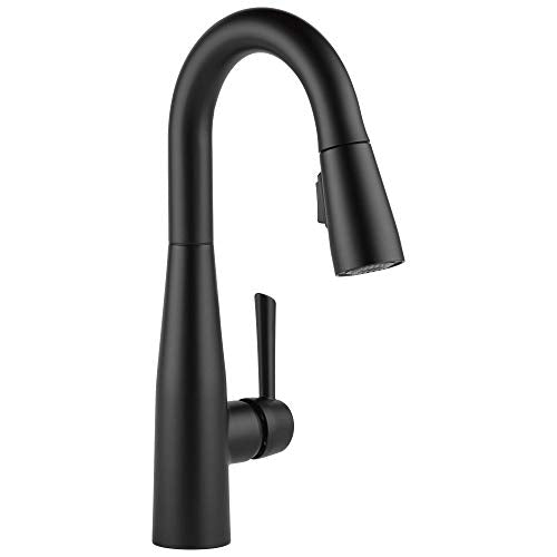 Black single-handle pull-down kitchen faucet with curved spout and flexible spray head.