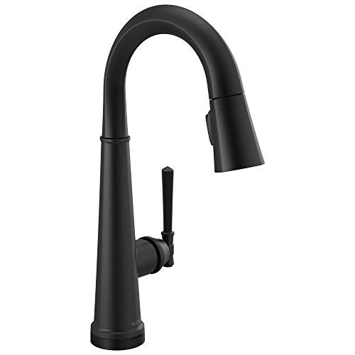 Black single-handle pull-down kitchen faucet with curved spout and lever control.