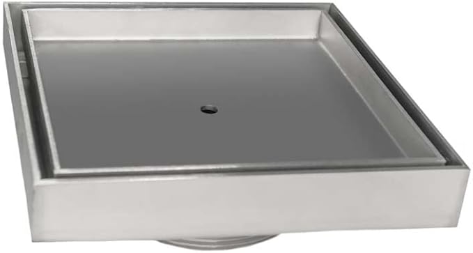 Satin stainless steel square shower base with centered drain opening and white PVC drain body.