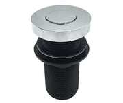 Round air push button with chrome top, matte black base and threaded body for toilet tank installation.