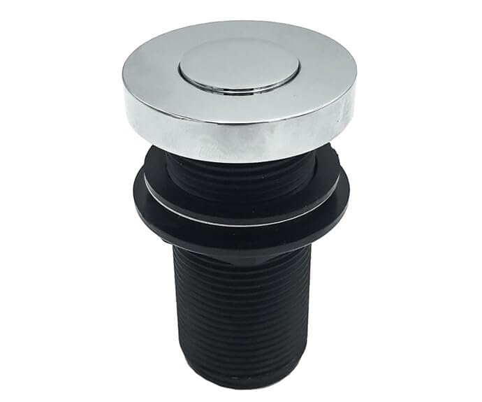 Round air push button with chrome top, matte black base and threaded body for toilet tank installation.