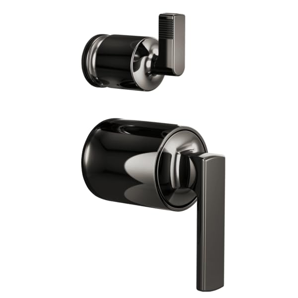 Black and stainless steel pressure balance valve trim with lever handles and integrated diverter control.