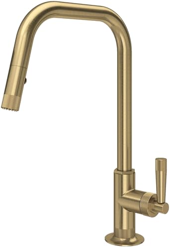 Antique gold pull-down kitchen faucet with U-shaped spout and single lever handle.