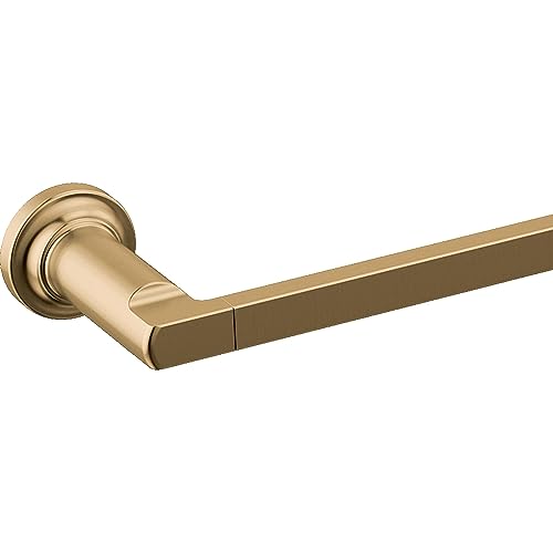 Champagne bronze towel bar with round wall mount and angular handle extending horizontally.