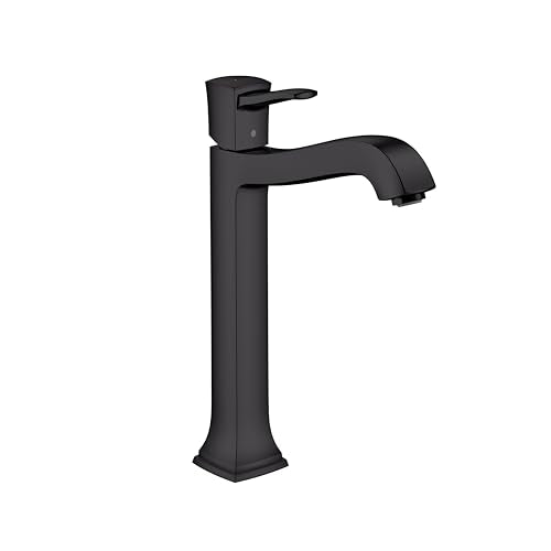 Matte black single-hole bathroom faucet with tall squared base, curved spout, and lever handle.
