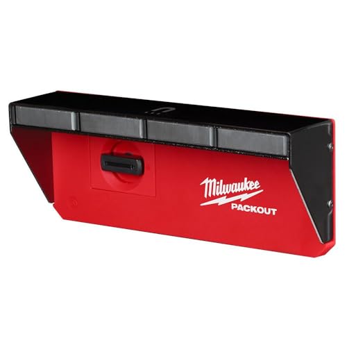 Red and black Milwaukee PACKOUT magnetic rack with four compartments, handle, and top magnetic strip for tool storage.