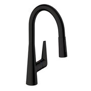Matte black high-arc kitchen faucet with pull-down spray head and curved spout.