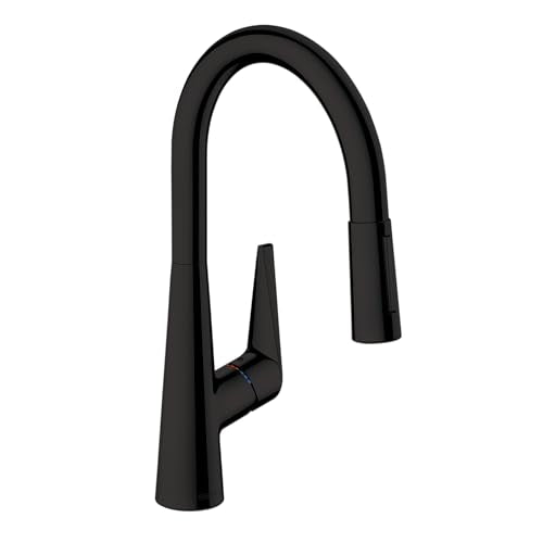 Matte black high-arc kitchen faucet with pull-down spray head and curved spout.