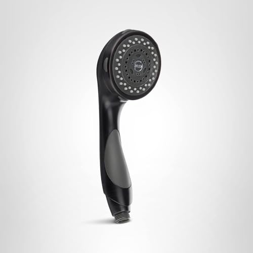 Venetian bronze hand shower with circular perforated head and grip handle against white background.