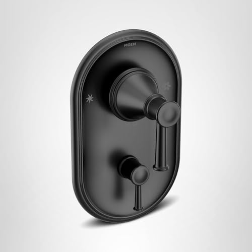 Matte black Moen Belfield shower valve trim with two handles and oval escutcheon plate.
