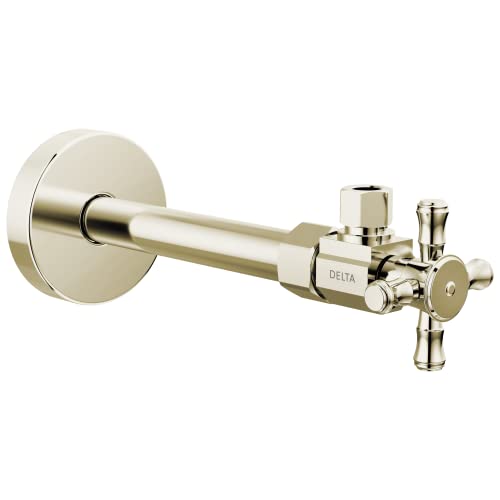 Chrome angled supply stop valve with cross handle and round mounting flange.