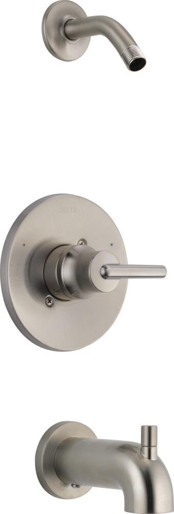 Brushed nickel tub and shower trim with curved wall-mounted spout and lever handle control valve.