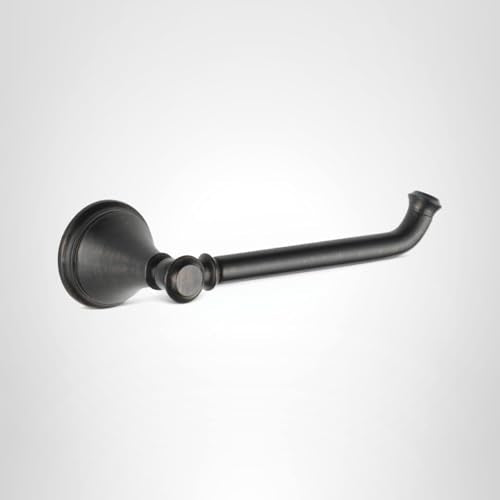 Black metal tissue holder with curved arm and decorative circular wall mount.