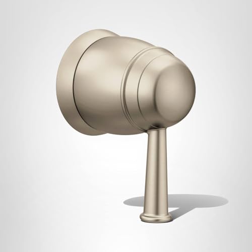 Brushed nickel volume control valve trim with spherical handle and cylindrical spout on white background.