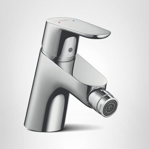 Chrome single-hole bidet faucet with curved spout and side spray attachment.