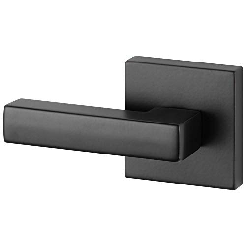Dark gray metal toilet flush lever with rectangular handle mounted on square backplate.