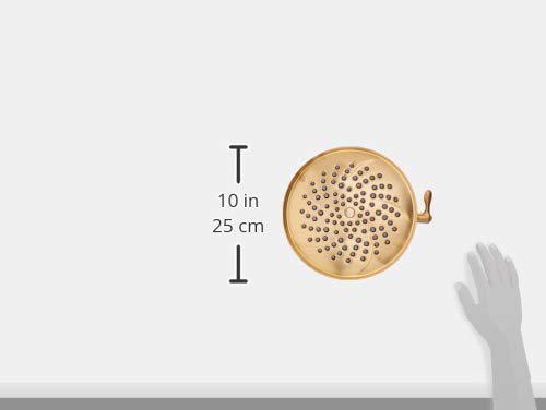 Brushed gold round showerhead, 10 inches diameter, with multiple spray holes and adjustment handle.