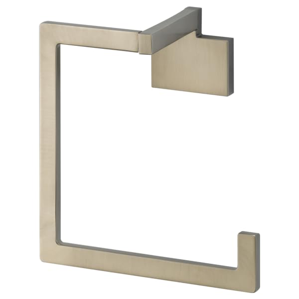 Brushed nickel towel ring with rectangular frame and angled mounting bracket for bathroom wall installation.