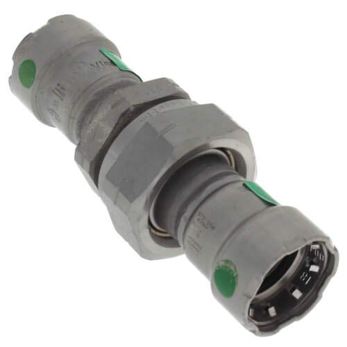 Viega MegaPress 1/2" press union coupling in gray carbon steel with zinc-nickel coating and green indicator buttons.