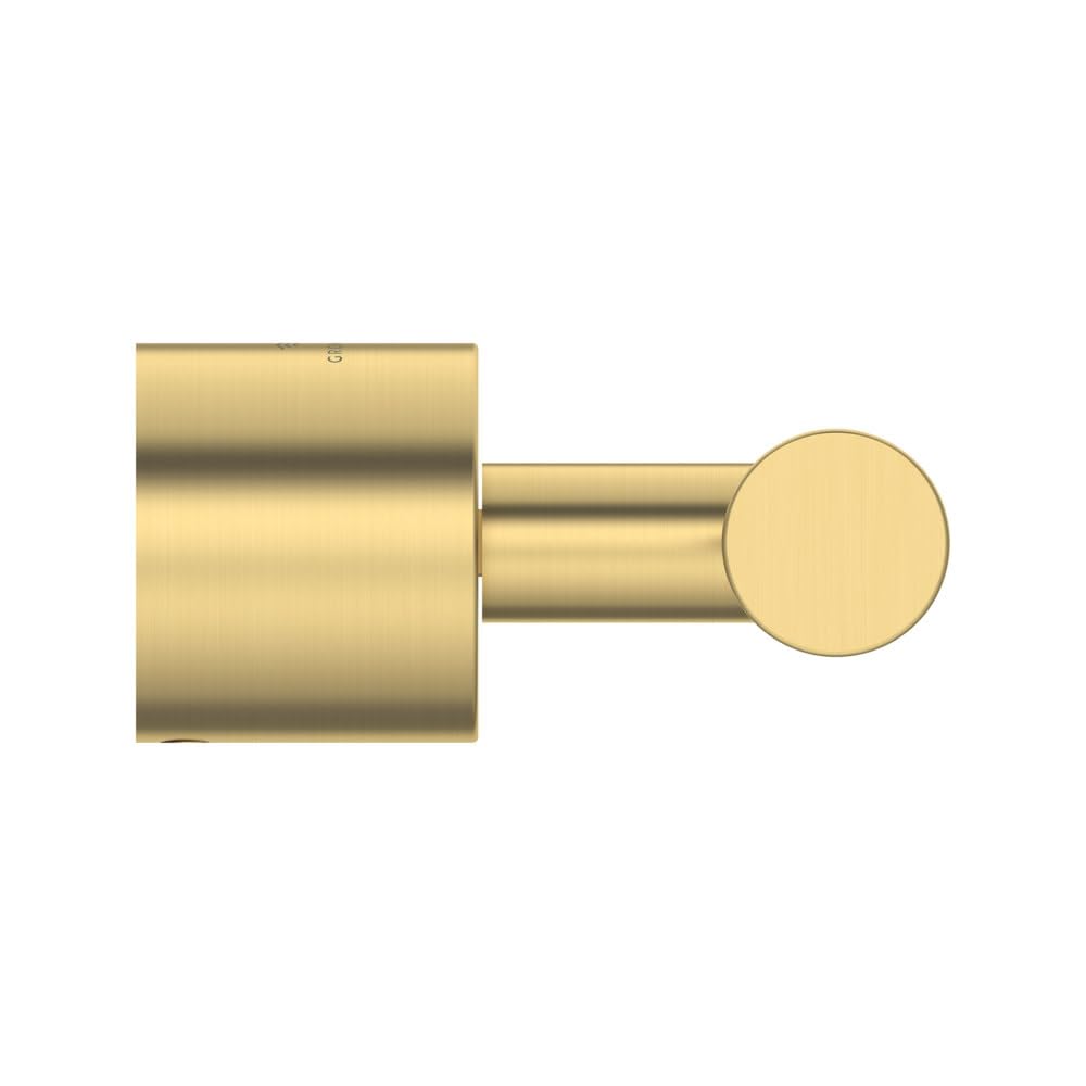Brushed nickel cylindrical towel hook with round knob end and square wall mounting plate.