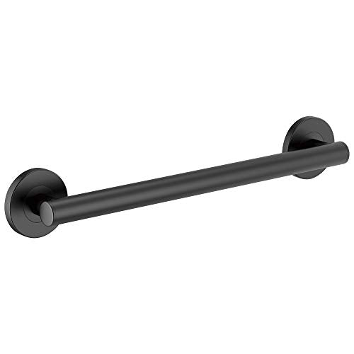 Black round grab bar with circular mounting flanges on each end.