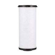 White cylindrical carbon block filter cartridge with black plastic end caps and threaded top connection.