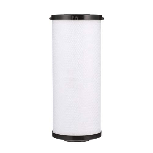 White cylindrical carbon block filter cartridge with black plastic end caps and threaded top connection.
