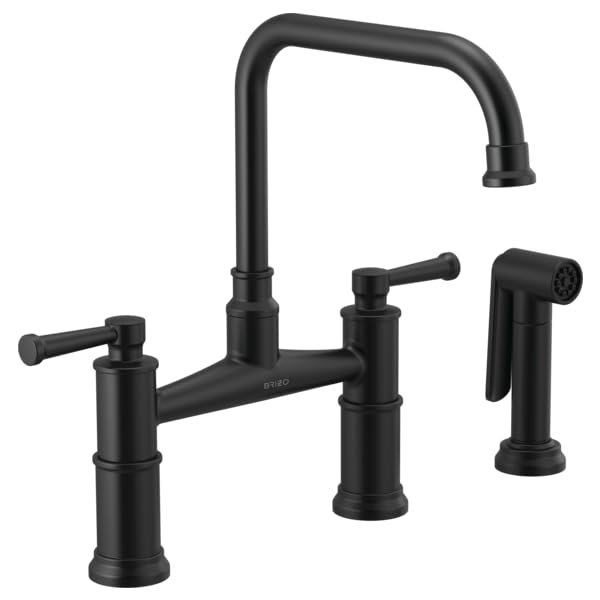 Matte black bridge faucet with high arched spout, two lever handles, and separate side sprayer attachment.