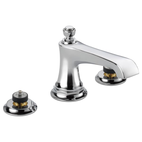 Chrome widespread lavatory faucet with tapered spout and two round base valve bodies with gold accents.