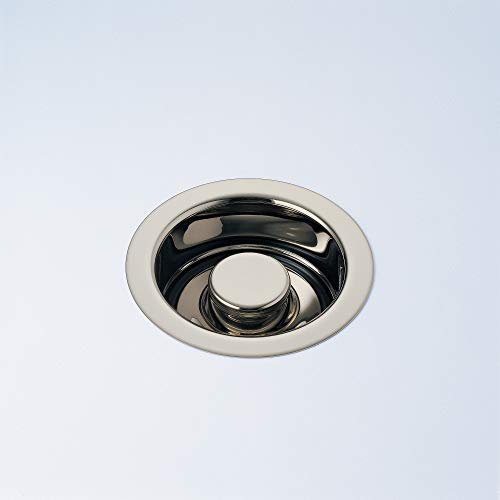 Stainless steel kitchen sink disposal flange stopper with chrome finish and rubber seal.