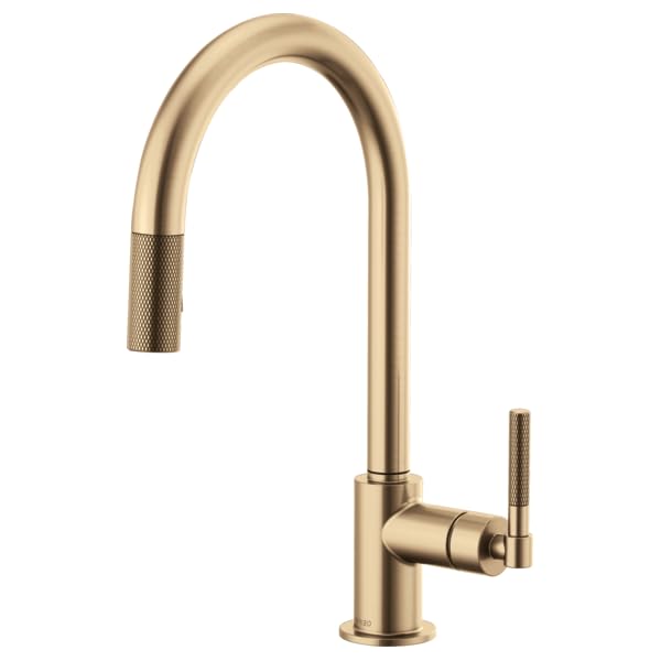 Champagne bronze pull-down kitchen faucet with arched spout and knurled handle grip.