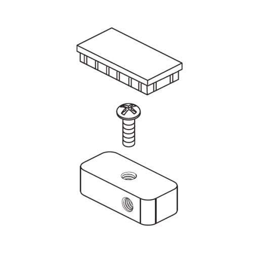 Three-piece champagne bronze plumbing component set including rectangular end cap, screw, and elbow connector.