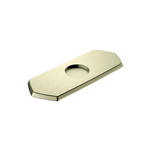 Brushed nickel octagonal base plate with single center hole for faucet installation.