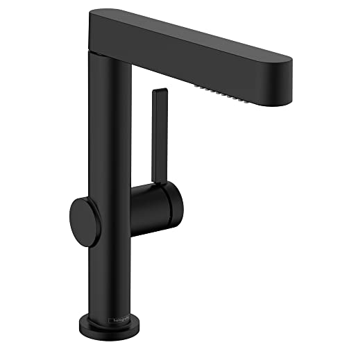 Matte black single-hole kitchen faucet with pull-out spray head and cylindrical handle.