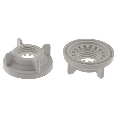 Two gray plastic locknuts with threaded centers and flanged bases shown from front and top views.
