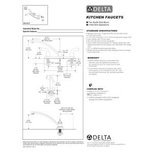 Delta Foundations chrome two-handle kitchen faucet with spray assembly and installation instructions diagram.