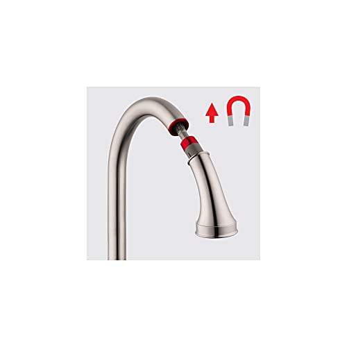 Chrome high-arc kitchen faucet with pull-down spray head and red accent band on spout.