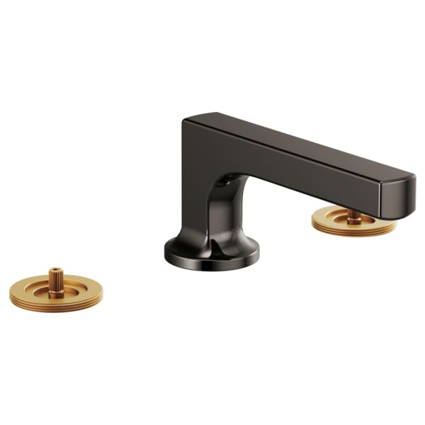 Black and gold widespread lavatory faucet with low spout and two round brass base plates.