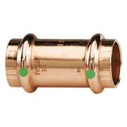 Copper press coupling with two green indicator buttons and stop rings on each end.